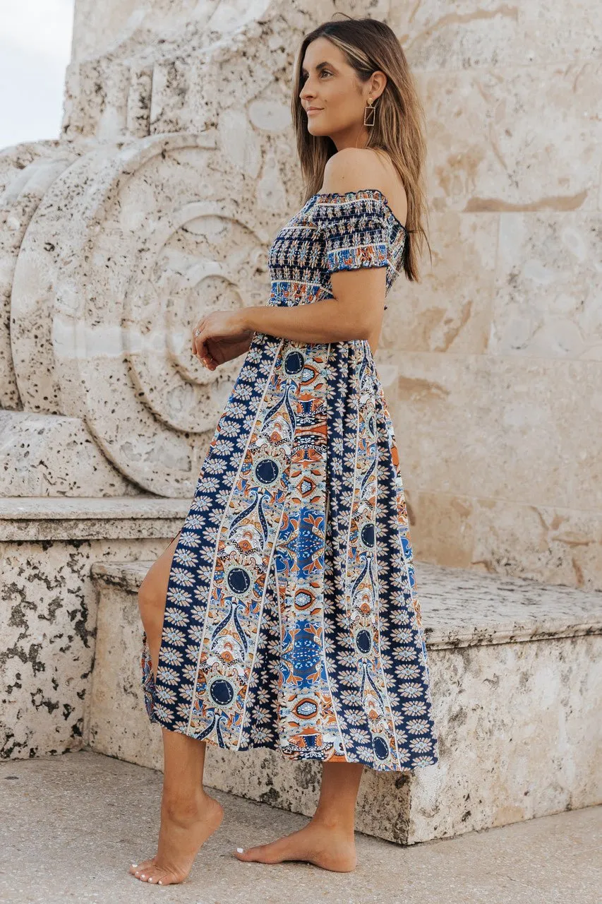Multi Print Off The Shoulder Midi Dress