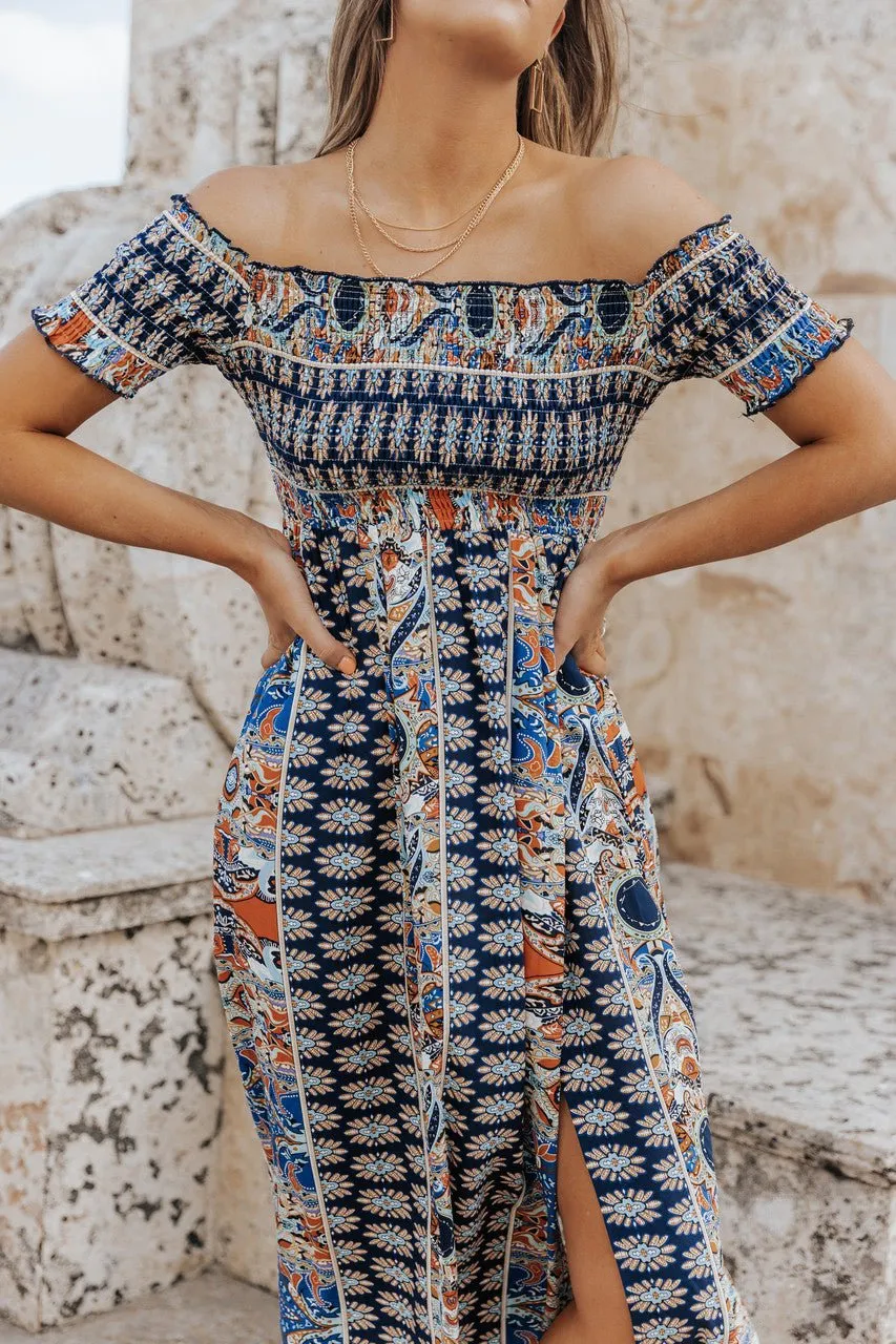 Multi Print Off The Shoulder Midi Dress