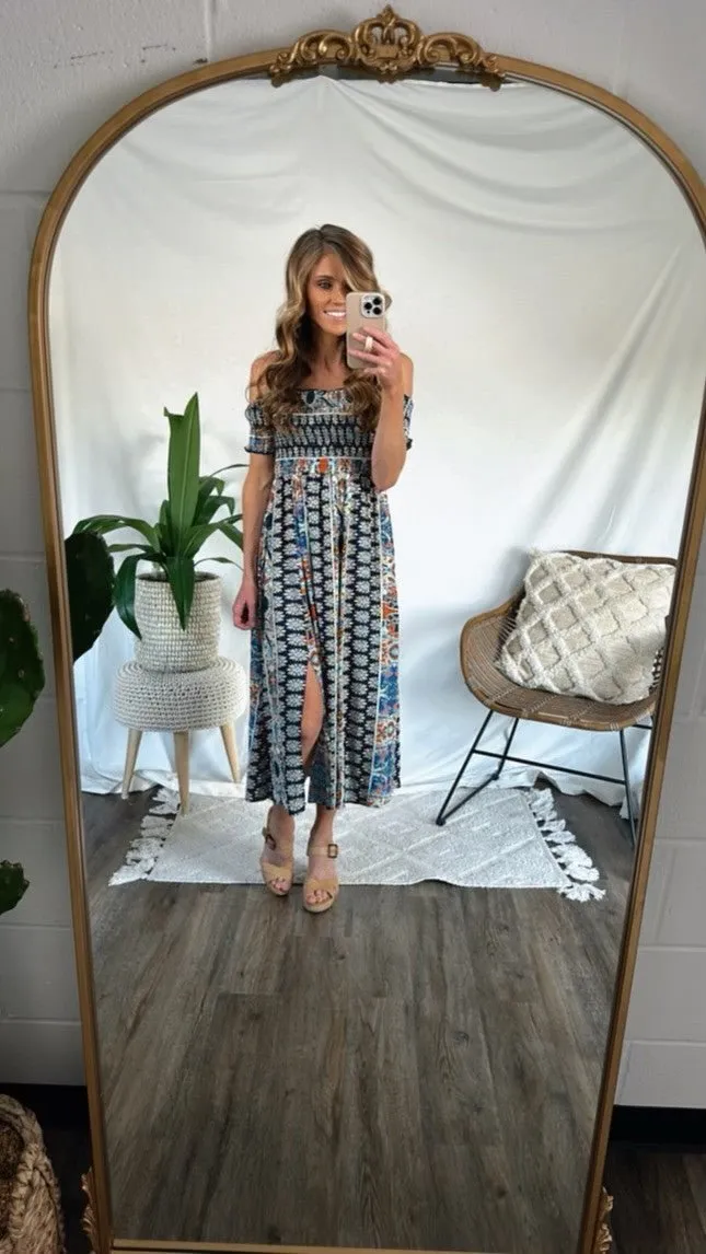 Multi Print Off The Shoulder Midi Dress