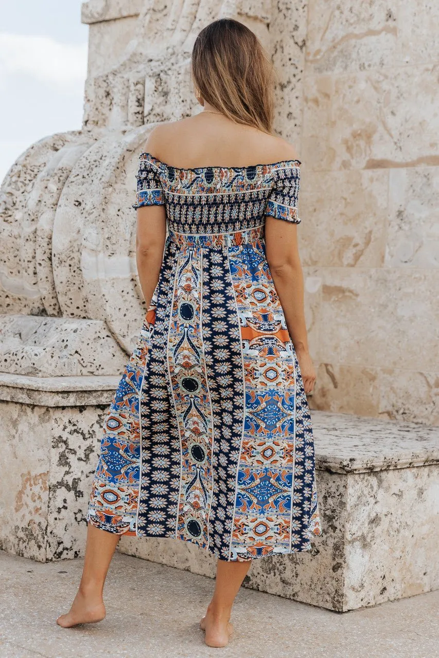 Multi Print Off The Shoulder Midi Dress
