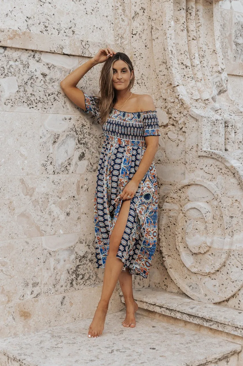 Multi Print Off The Shoulder Midi Dress