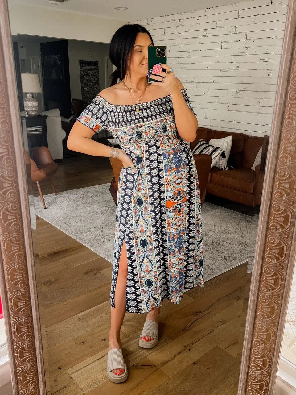 Multi Print Off The Shoulder Midi Dress