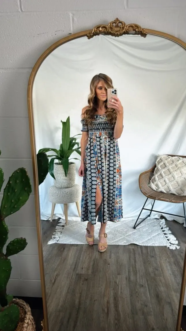 Multi Print Off The Shoulder Midi Dress