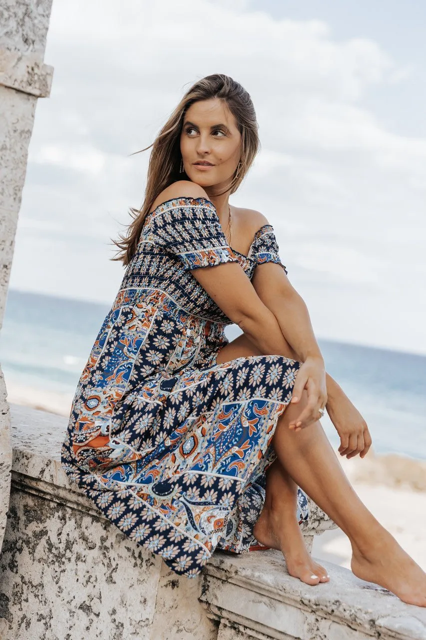 Multi Print Off The Shoulder Midi Dress