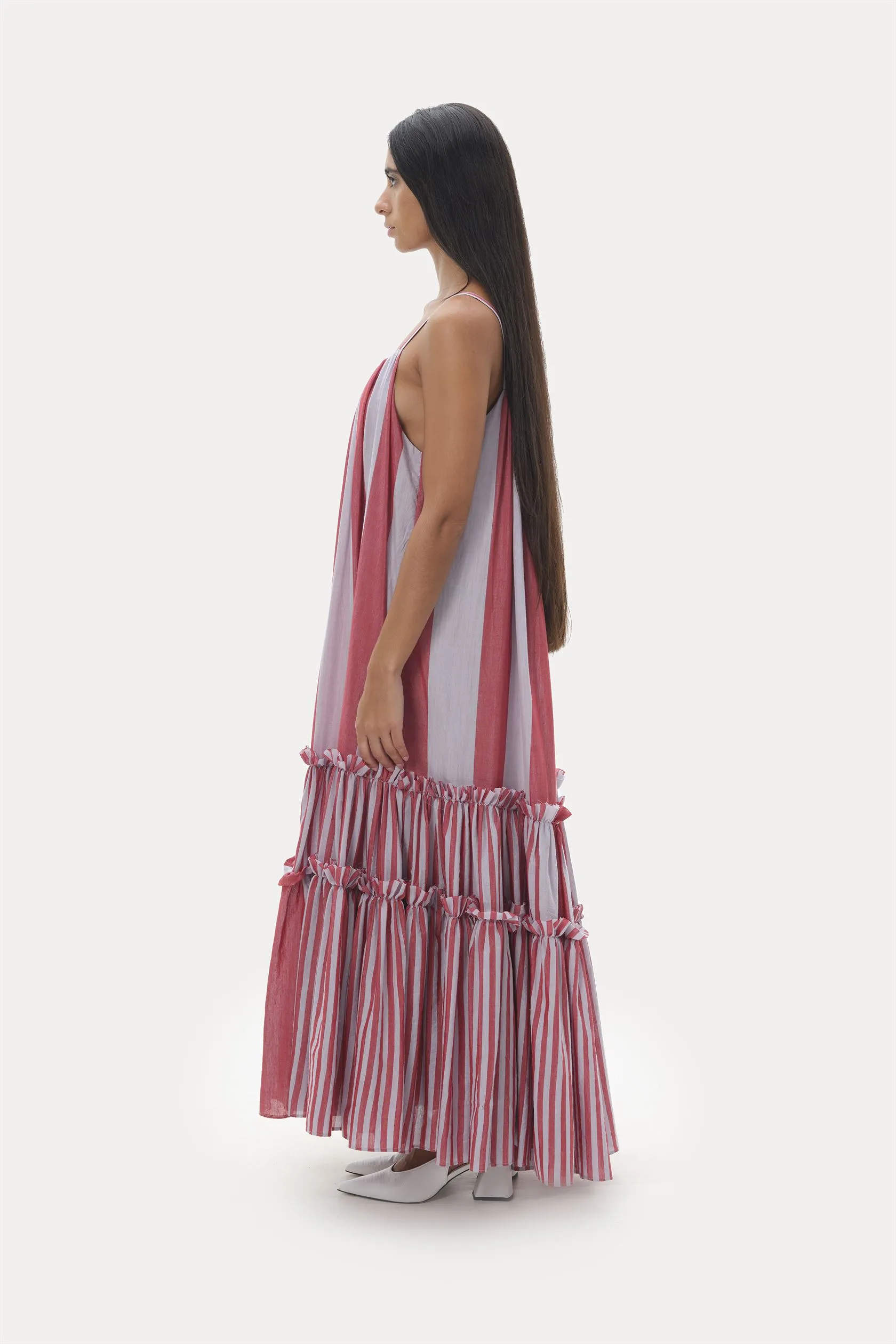 Naushad Ali   I   Tiered sundress Temple stripes Signature Spring Summer 2025 Lilac   coral red Handwoven Silk cotton NA SS24 W10