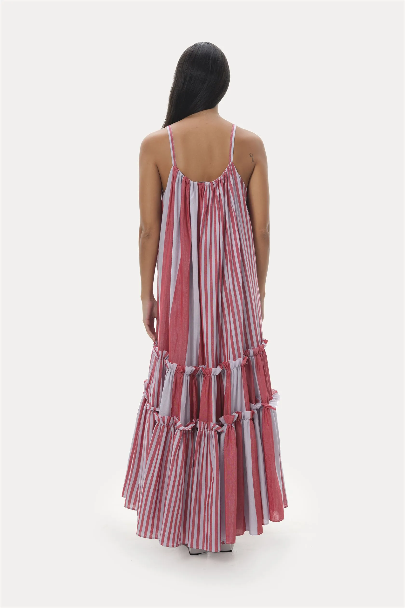 Naushad Ali   I   Tiered sundress Temple stripes Signature Spring Summer 2025 Lilac   coral red Handwoven Silk cotton NA SS24 W10