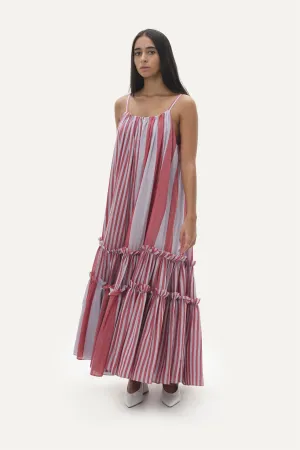 Naushad Ali   I   Tiered sundress Temple stripes Signature Spring Summer 2025 Lilac   coral red Handwoven Silk cotton NA SS24 W10