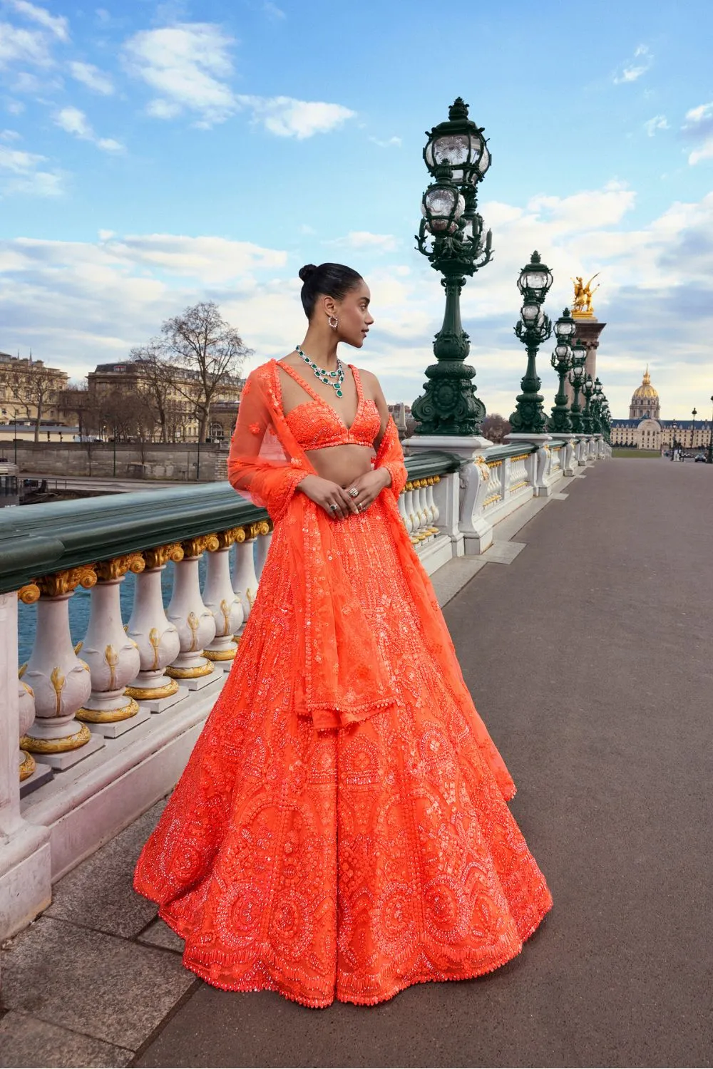 Neon Orange Sequin Lehenga Set