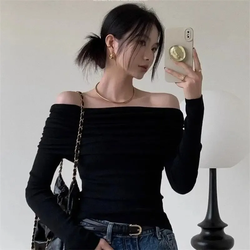 Obsidian Phoenix Women's Luxury Off-Shoulder T-Shirt - Sexy Long Sleeve Solid Black Crop Top
