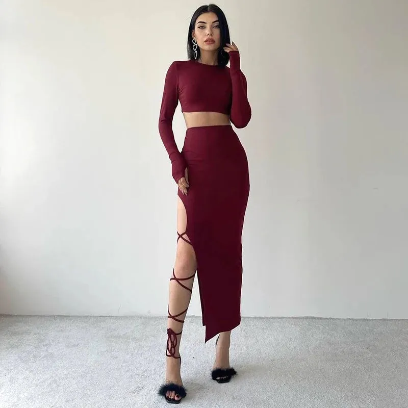 Obsidian Phoenix Women's Luxury Pullover Crop Top and High-Split Skirt Set