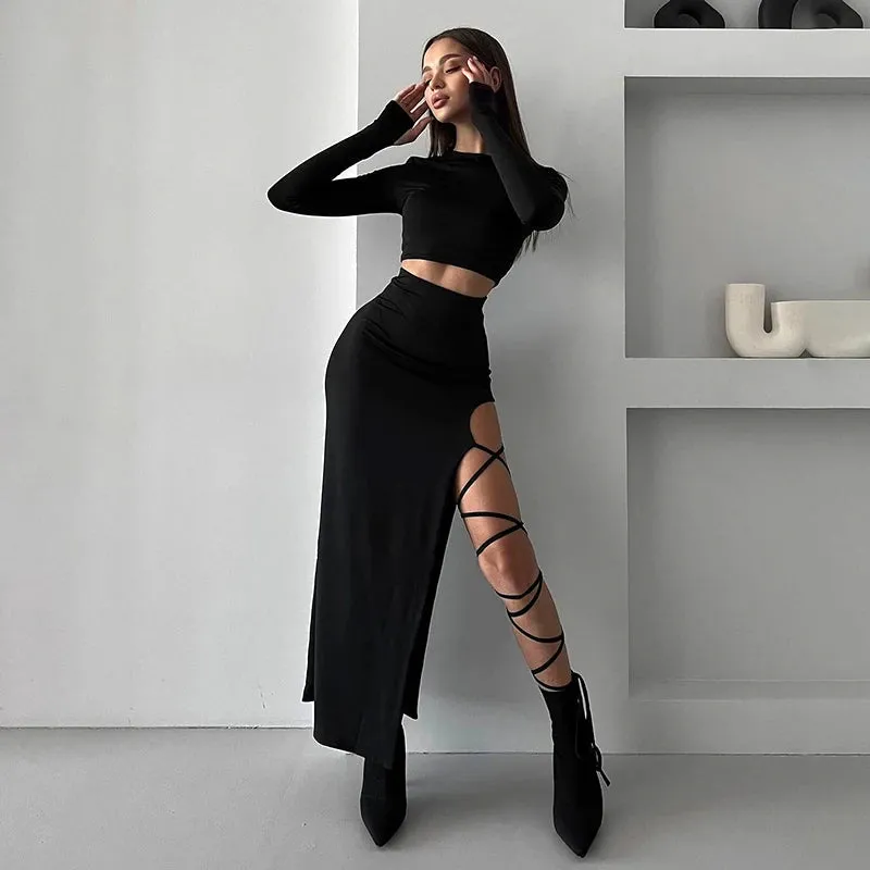 Obsidian Phoenix Women's Luxury Pullover Crop Top and High-Split Skirt Set