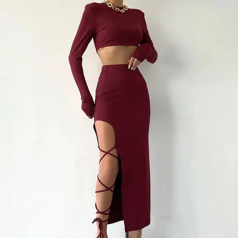 Obsidian Phoenix Women's Luxury Pullover Crop Top and High-Split Skirt Set