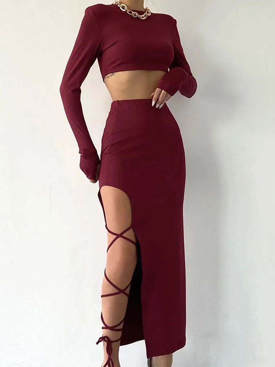 Obsidian Phoenix Women's Luxury Pullover Crop Top and High-Split Skirt Set