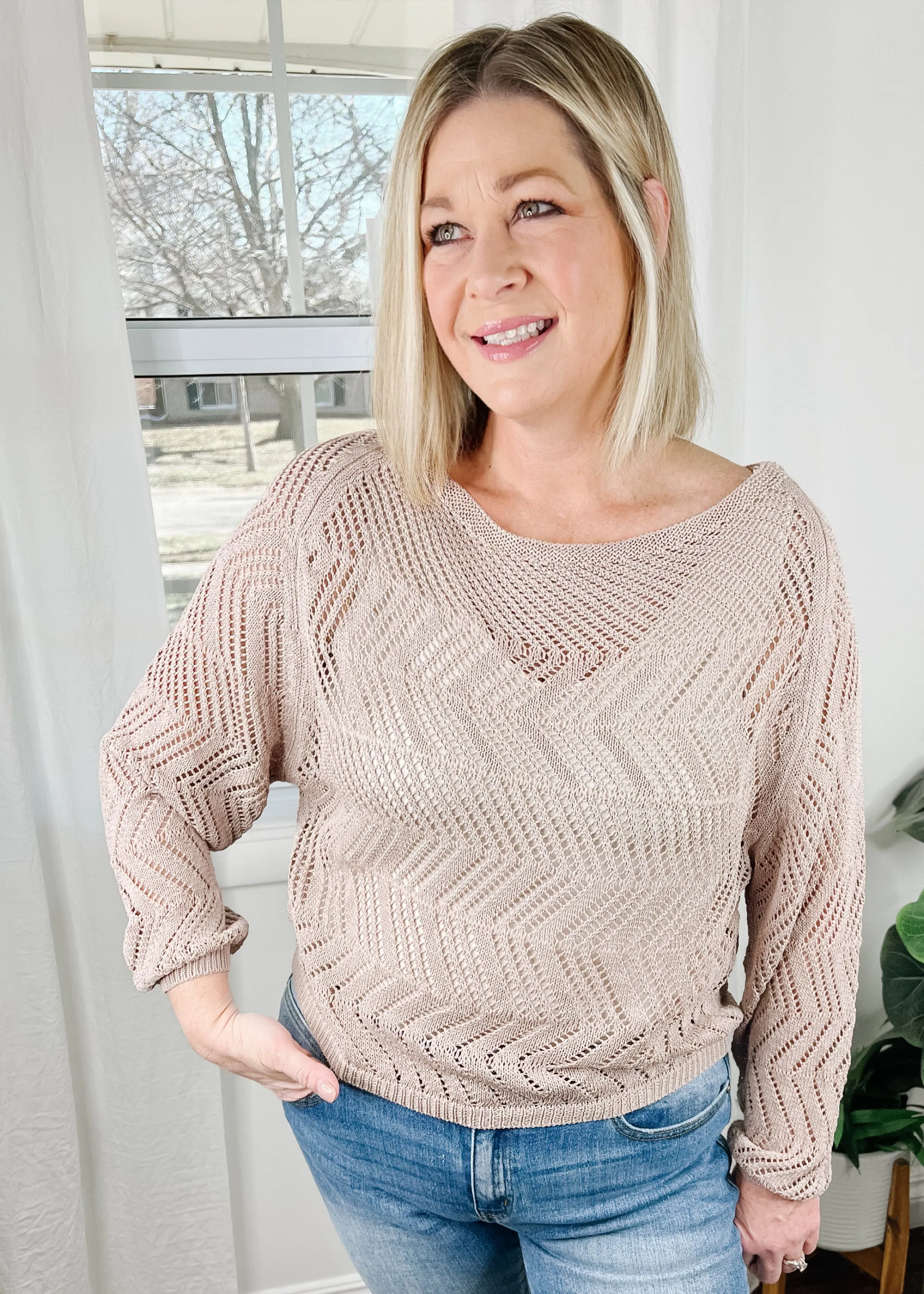 Open Knit Boat Neck Top