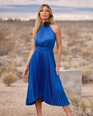 Pleated High Neck Blouson Midi Dress Lapis Blue