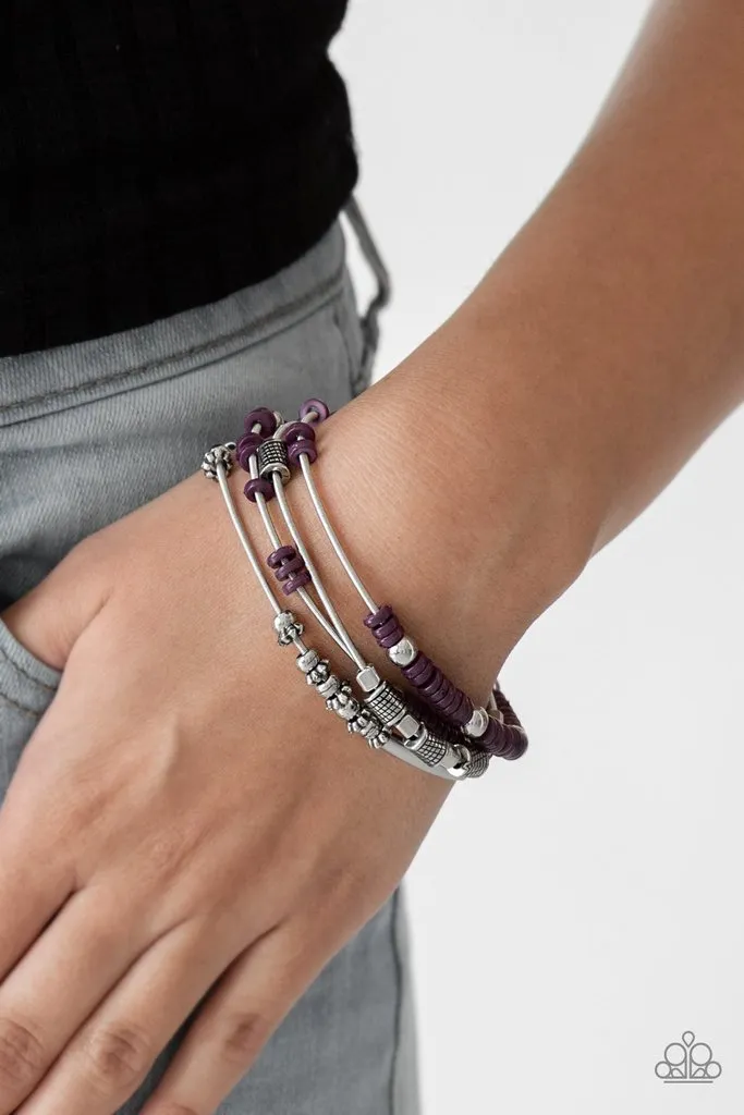 "Tribal Spunk" Silver With Purple Accent Beads Spring Stretch Bracelet Set of 4
