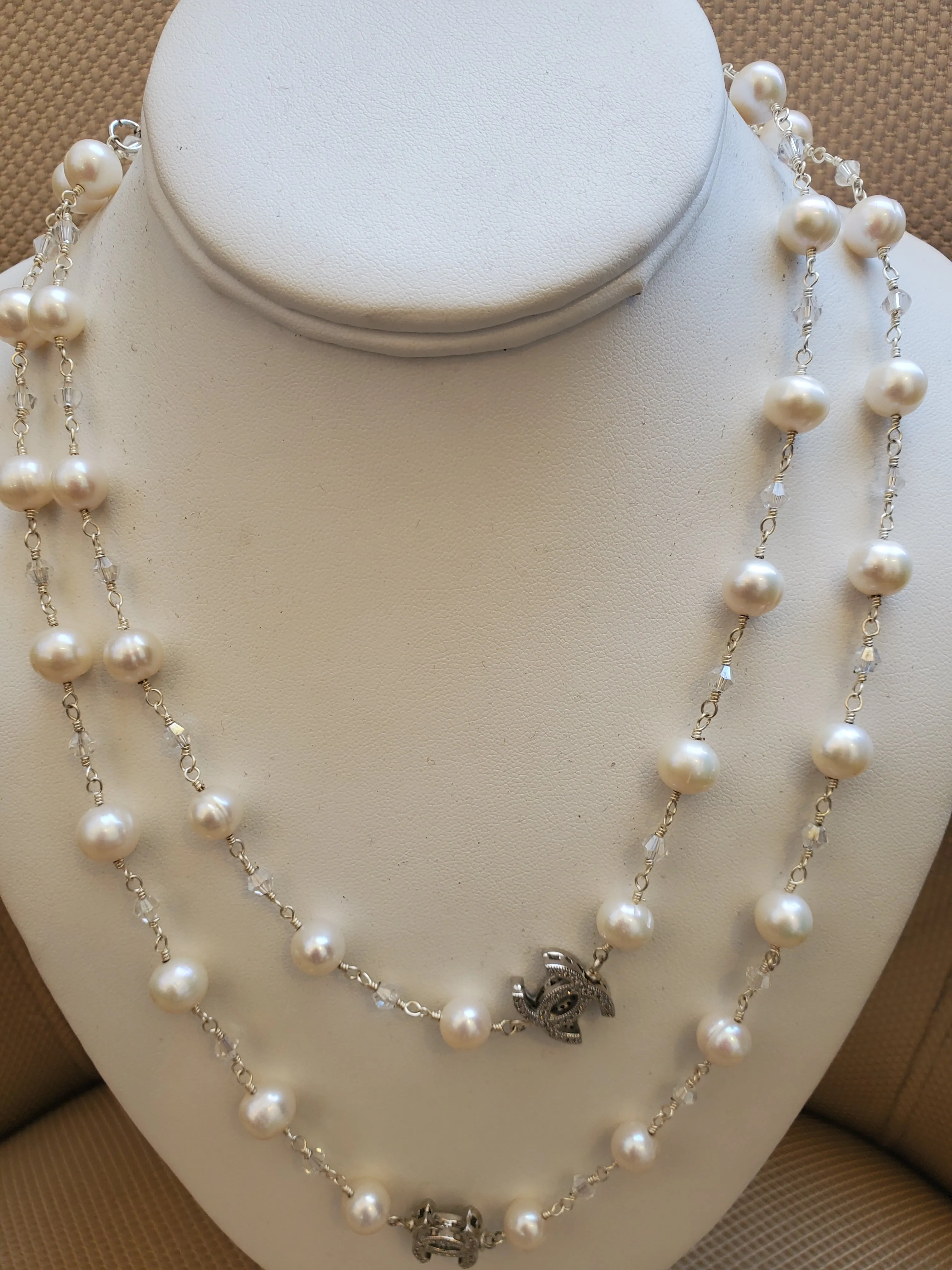 Ramina Pearls CC Symbol White Pearls & Crystals Necklace