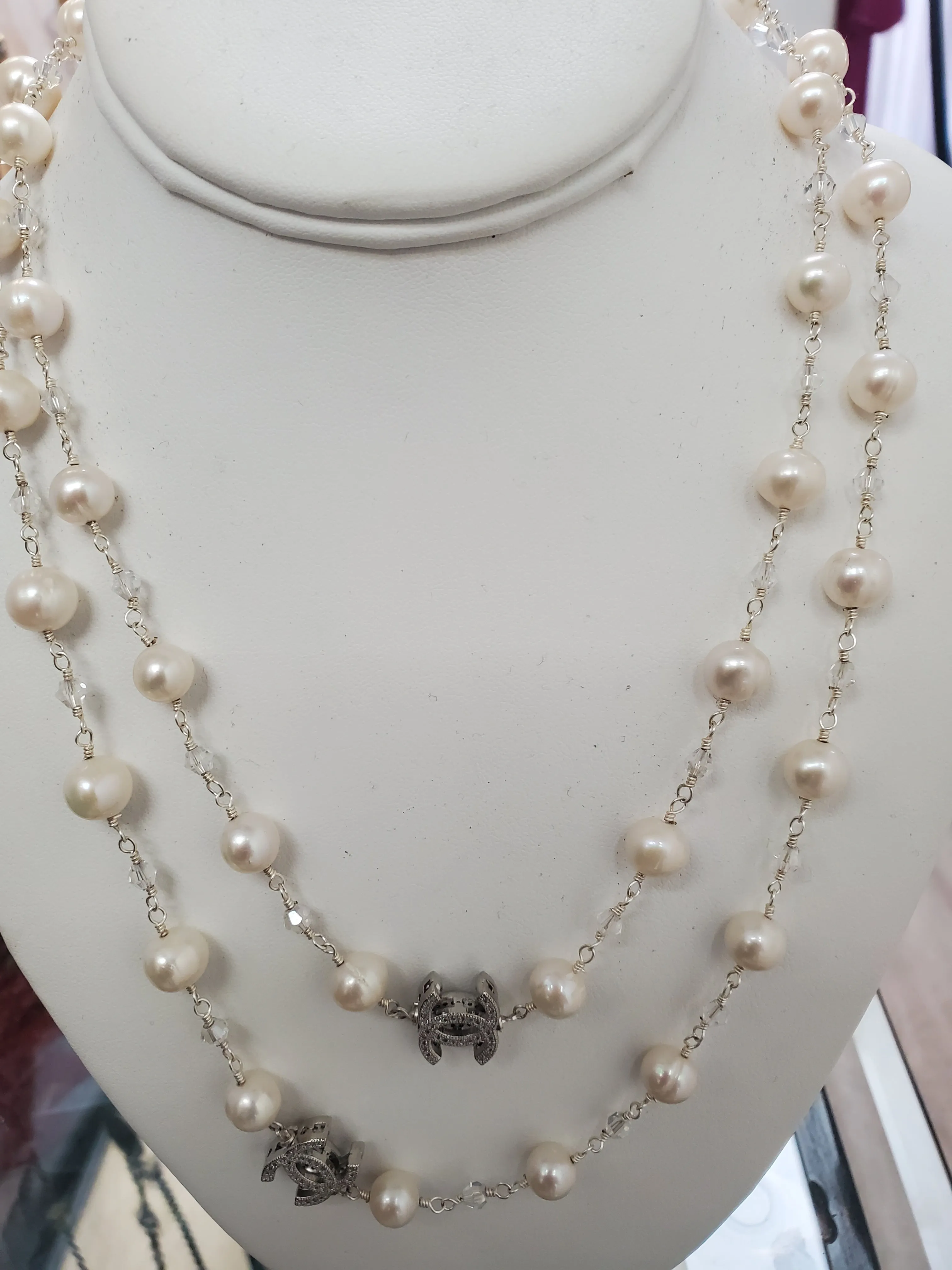 Ramina Pearls CC Symbol White Pearls & Crystals Necklace