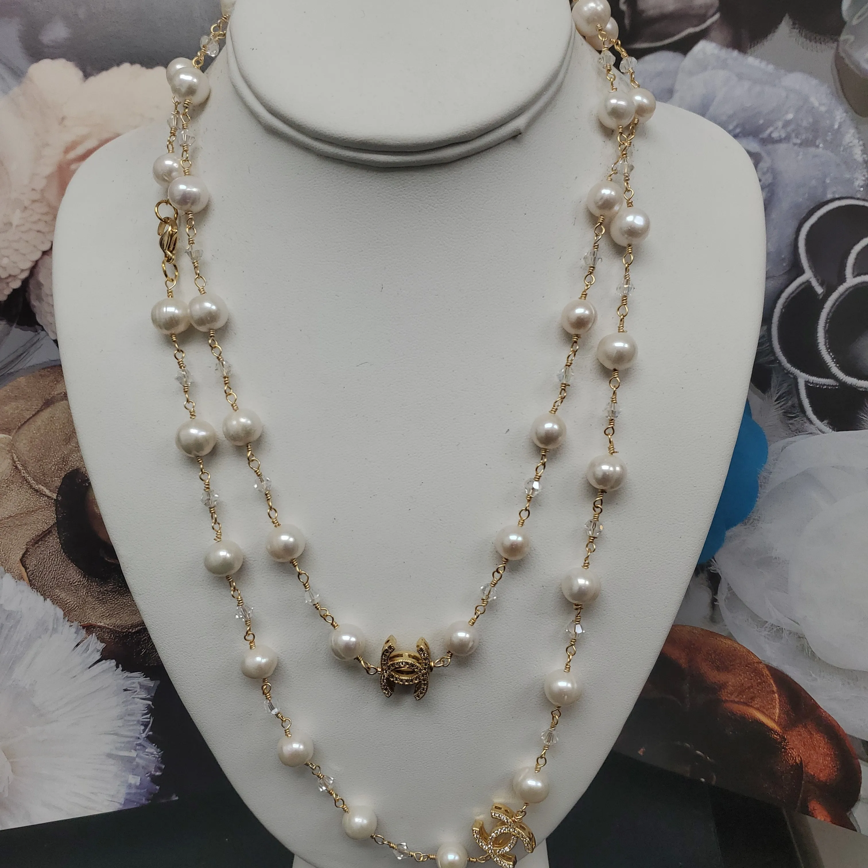 Ramina Pearls CC Symbol White Pearls & Crystals Necklace