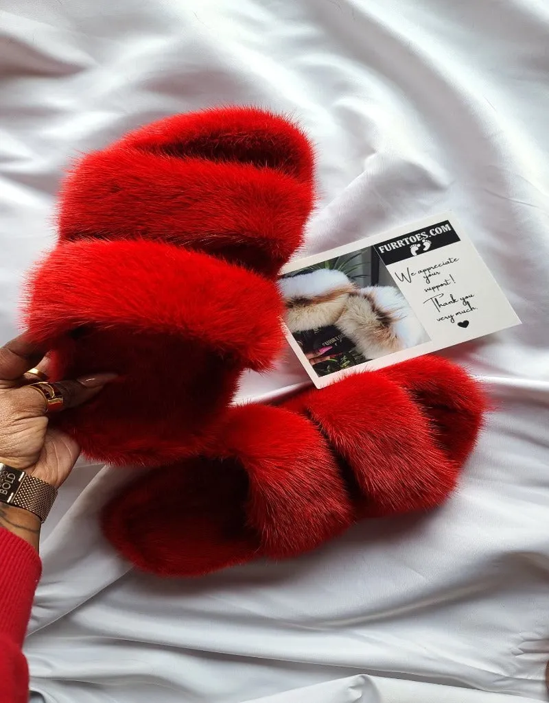 Red Double Strap Mink Slides