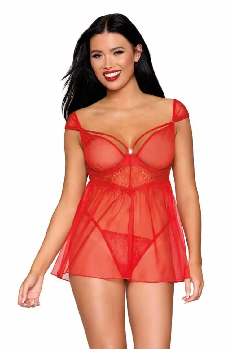 Red Lace & Mesh Babydoll Set with G-string