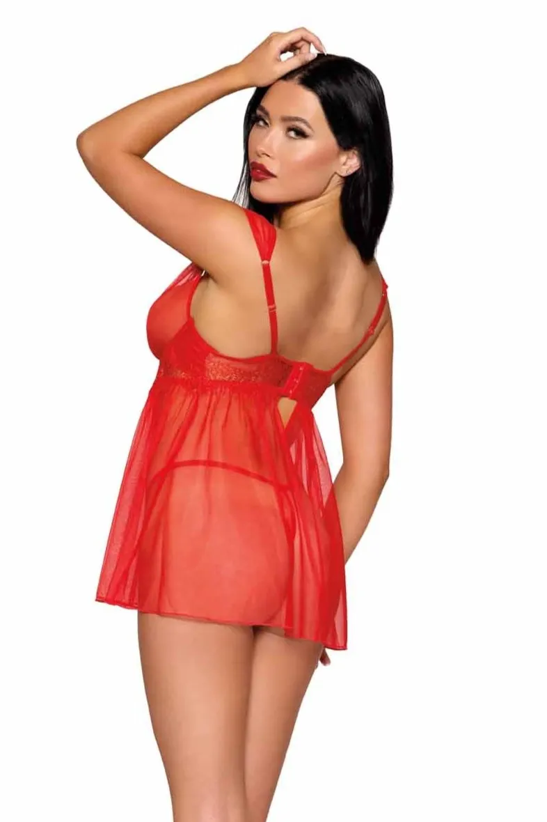 Red Lace & Mesh Babydoll Set with G-string
