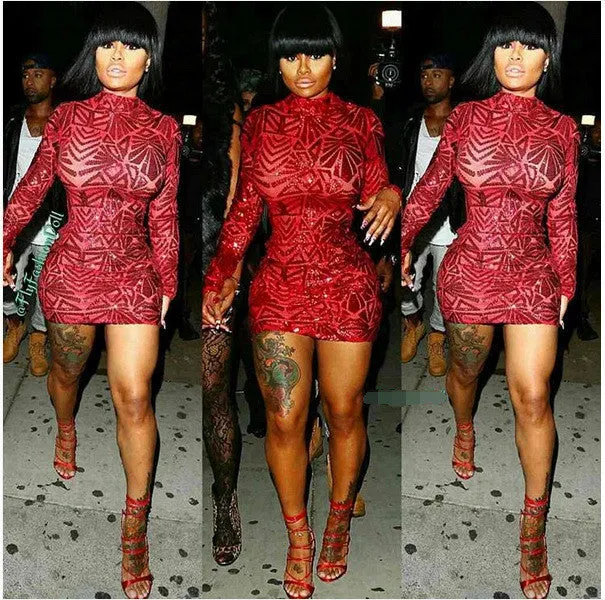 Red Mini Sequined Casual Dress Long Sleeve Dress