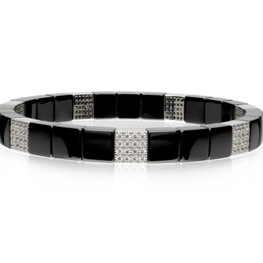 Roberto Demeglio 'Scacco' Glossy Black & Diamond Stretchy Bracelet