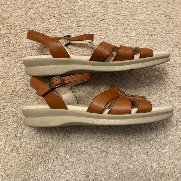 SAS Huarache Quarter Strap Sandal, Brown Leather, Embroidered, Women’s, 8.5