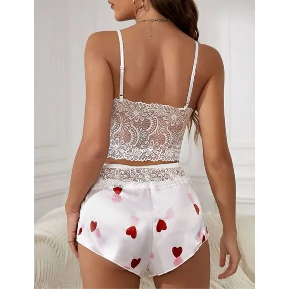 Sexy Lingerie Heart Print Lace Embroidered Strappy Sleepwear Set