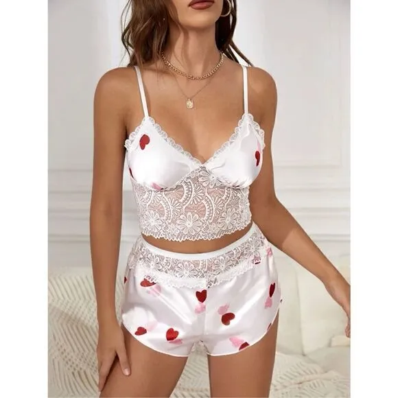 Sexy Lingerie Heart Print Lace Embroidered Strappy Sleepwear Set