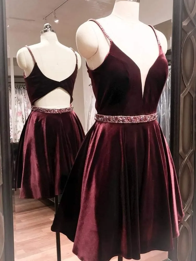Simple Spaghetti Strap V Neck Open Back A Line Short Homecoming Dress HD0106