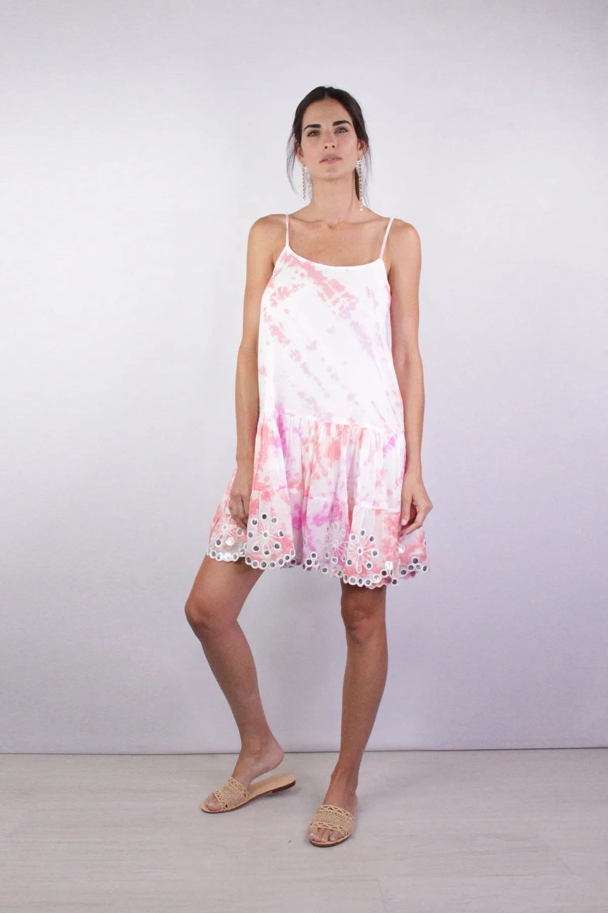 Spiral Tye Dye Strappy Dress with Mirror in Coral Pink