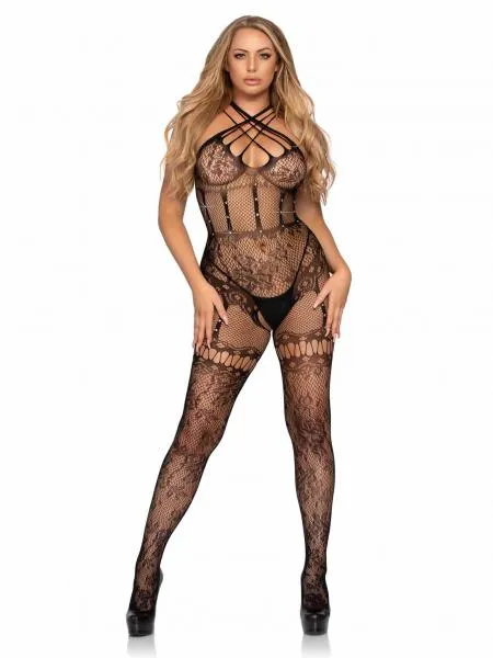 Strappy Halter Rhinestone Bodystocking - Black - One Size