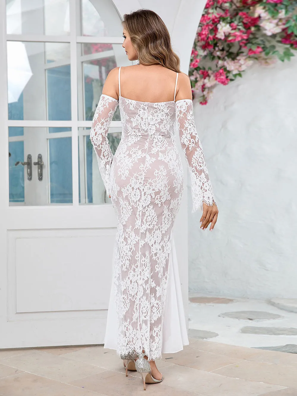 Strappy Long Sleeve Lace Maxi Bodycon Dress HB10107