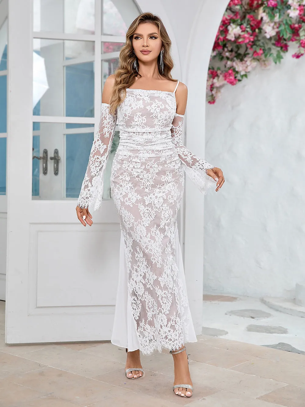 Strappy Long Sleeve Lace Maxi Bodycon Dress HB10107