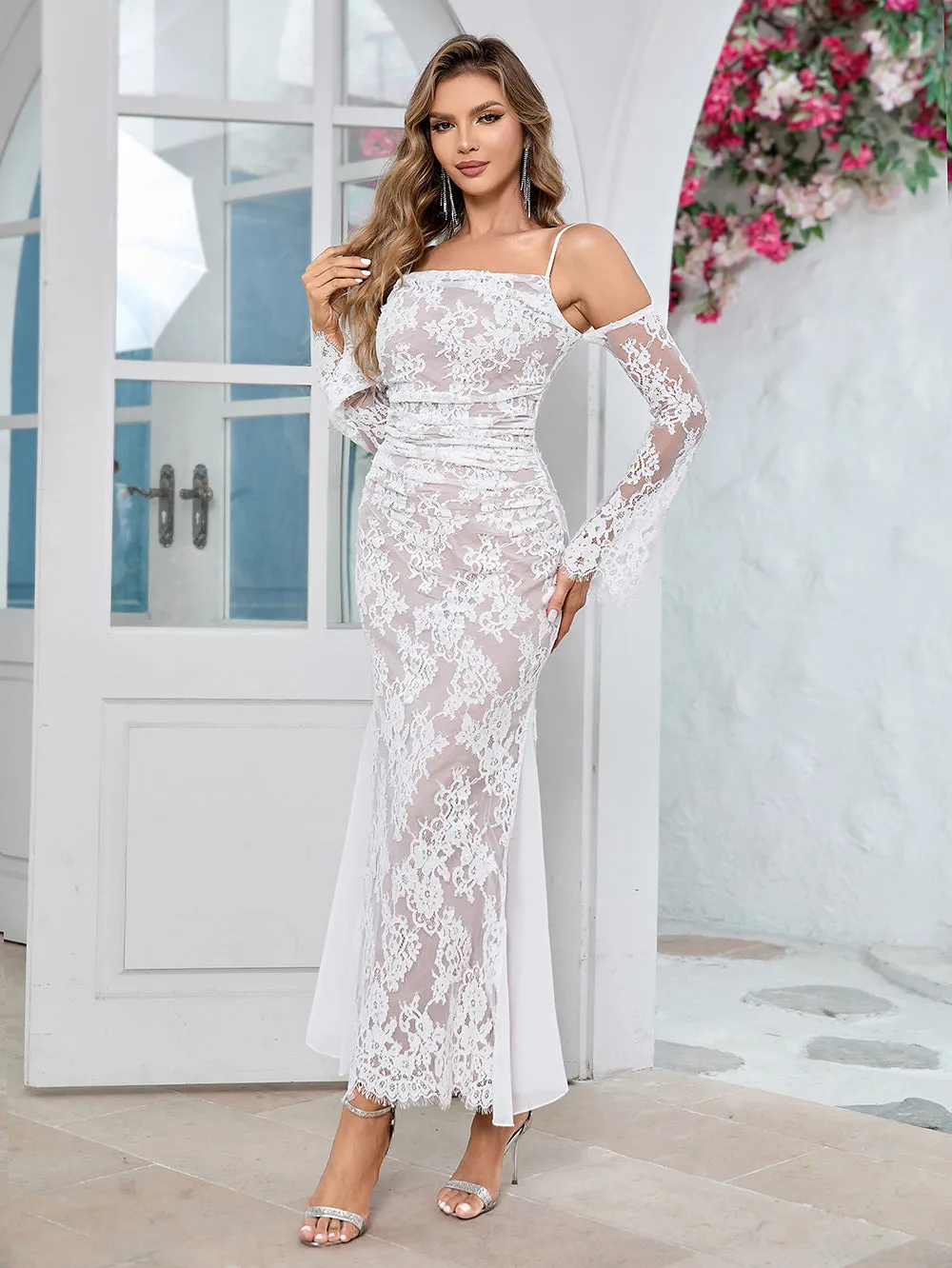 Strappy Long Sleeve Lace Maxi Bodycon Dress HB10107
