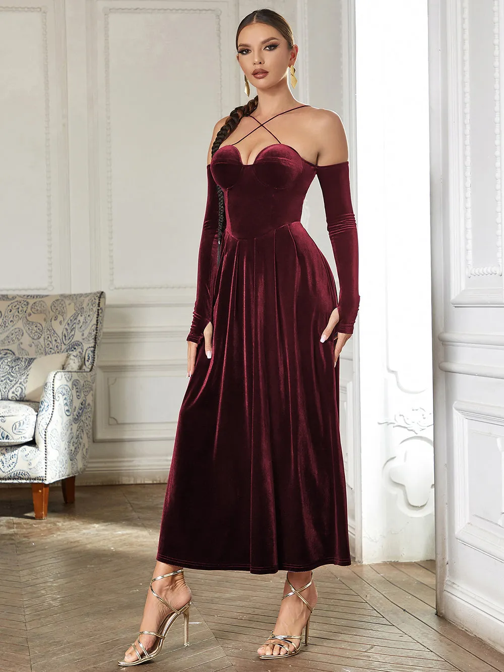 Strappy Long Sleeve Plain Maxi Bodycon Dress HB0362