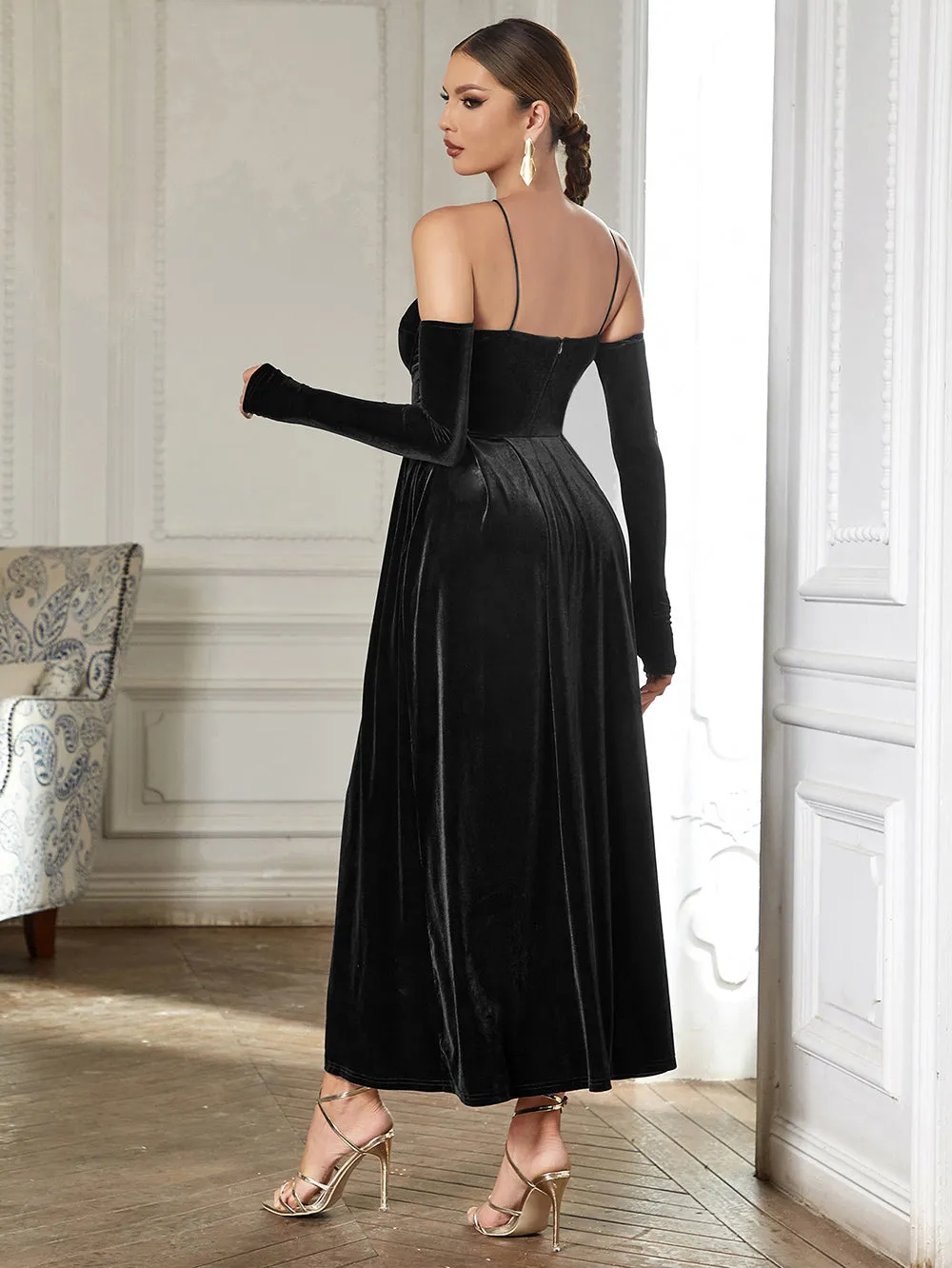Strappy Long Sleeve Plain Maxi Bodycon Dress HB0362