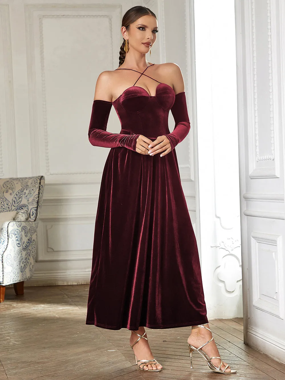 Strappy Long Sleeve Plain Maxi Bodycon Dress HB0362