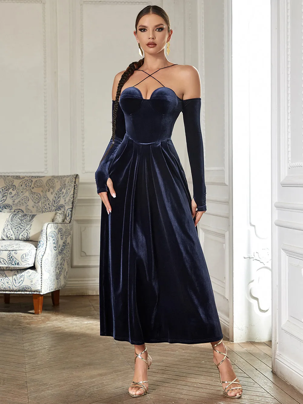 Strappy Long Sleeve Plain Maxi Bodycon Dress HB0362