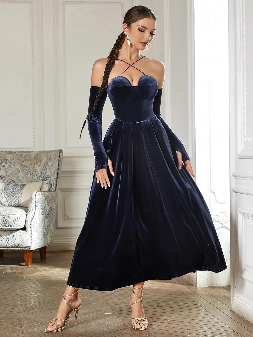 Strappy Long Sleeve Plain Maxi Bodycon Dress HB0362