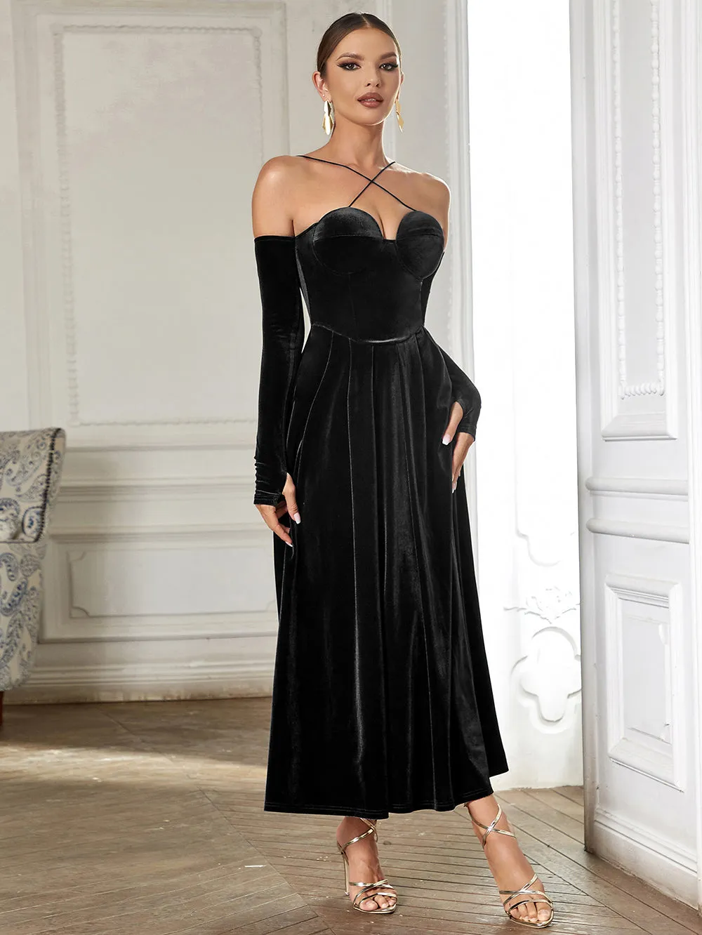 Strappy Long Sleeve Plain Maxi Bodycon Dress HB0362
