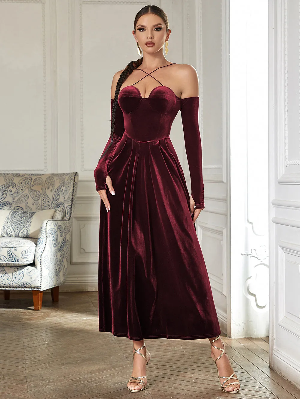 Strappy Long Sleeve Plain Maxi Bodycon Dress HB0362