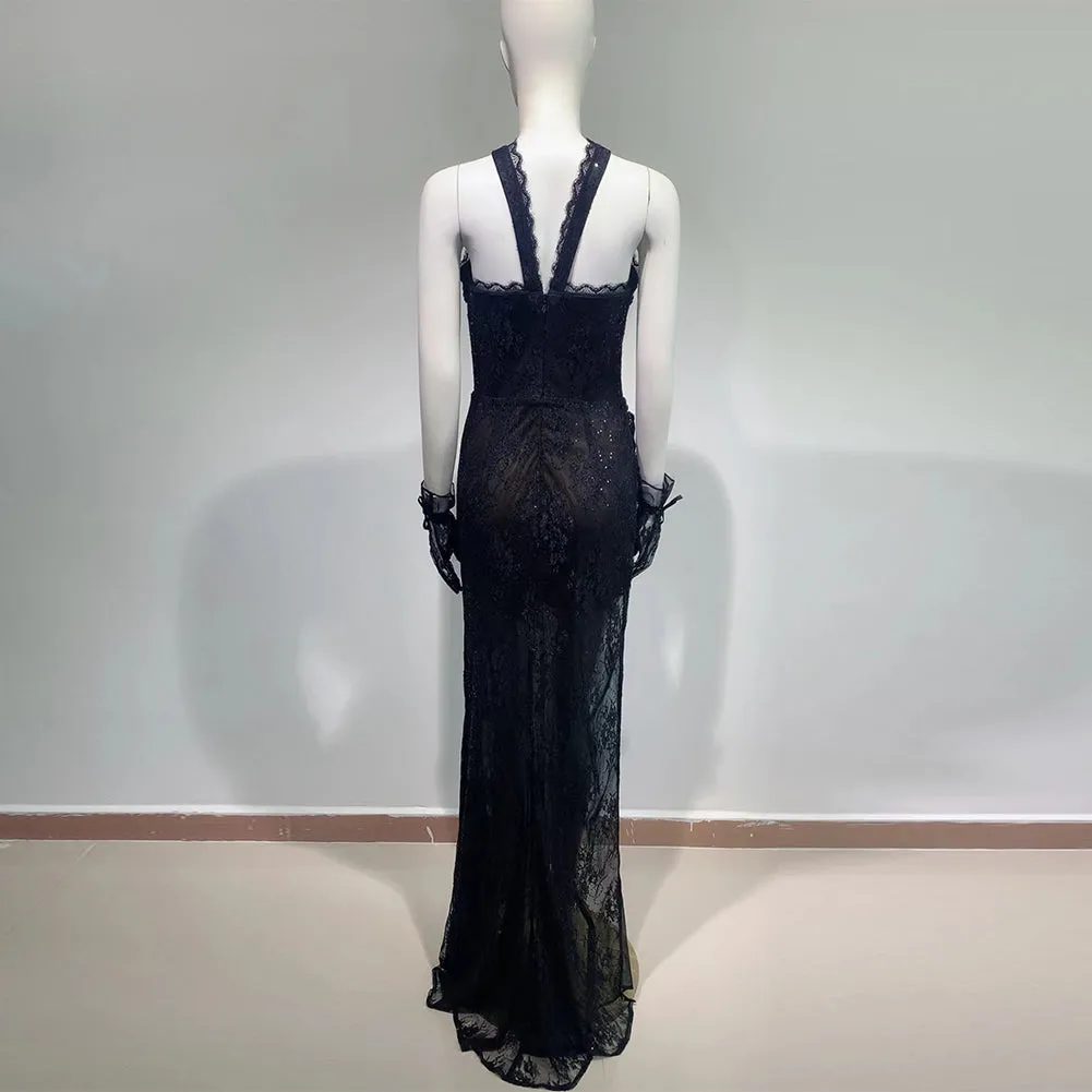 Strappy Sleeveless Lace Maxi Bodycon Dress HT975