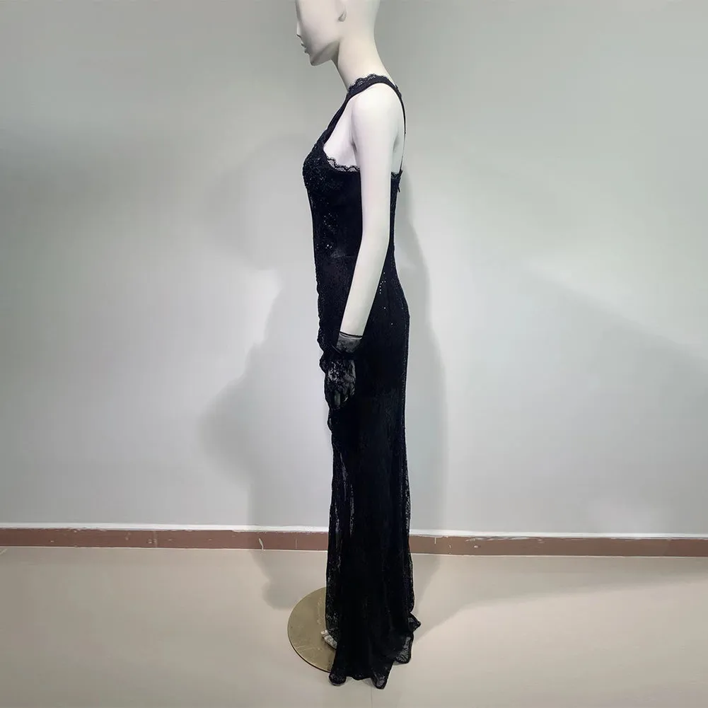 Strappy Sleeveless Lace Maxi Bodycon Dress HT975