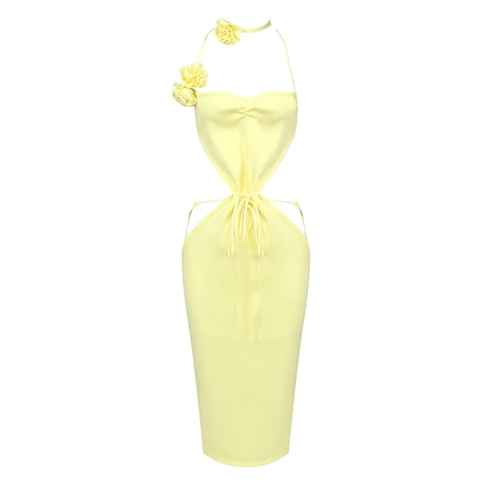 Strappy Sleeveless Ornamental Flower Midi Bandage Dress BD2438