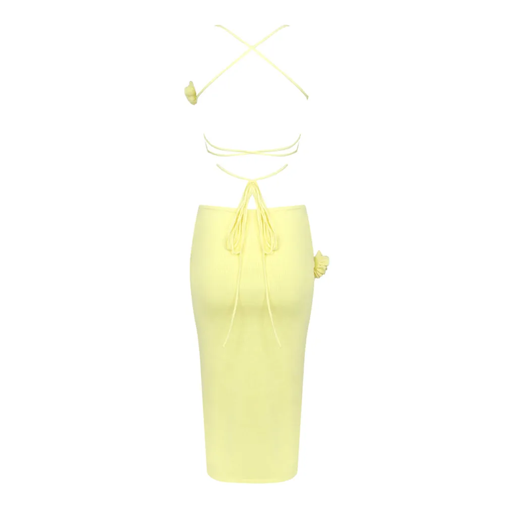 Strappy Sleeveless Ornamental Flower Midi Bandage Dress BD2438