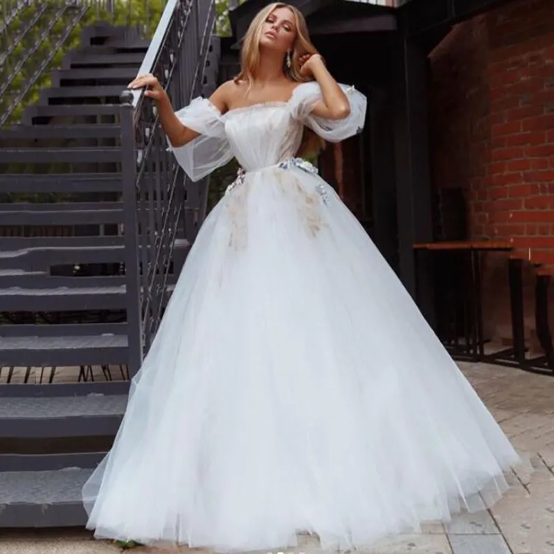 Stunning White Bridal Dresses Unique Boat Neck Short Puff Sleeves