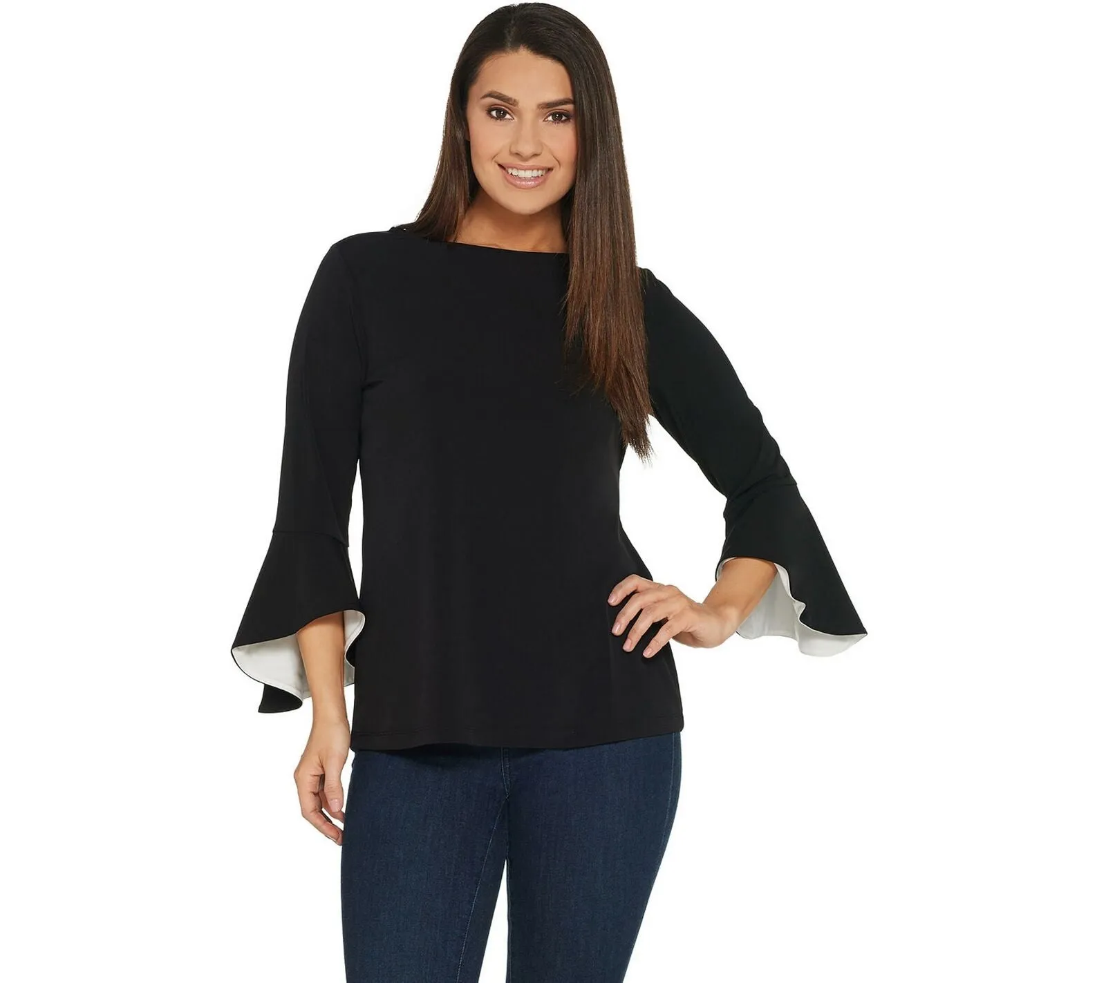 Susan Graver Liquid Knit Bell Sleeve Top with Pop Lining Black/Ivory XXS